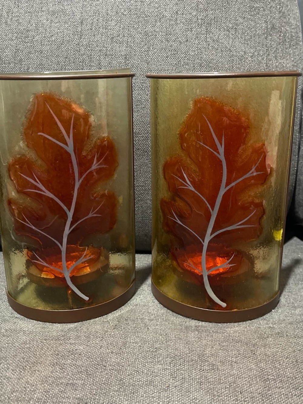 Autumn Leaf Amber Glass Hurricane Candle Holders - Set of 2